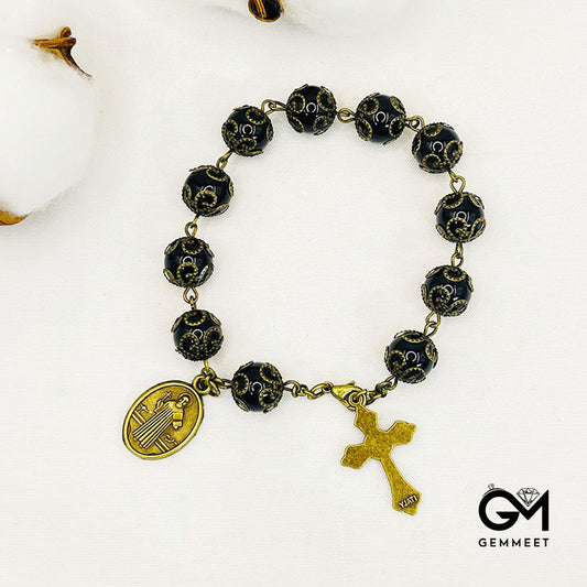 Obsidian Holy Medal Cross Rosary Bracelet