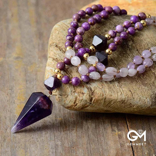 Purple Jade Amethyst  Beaded Mala Necklace