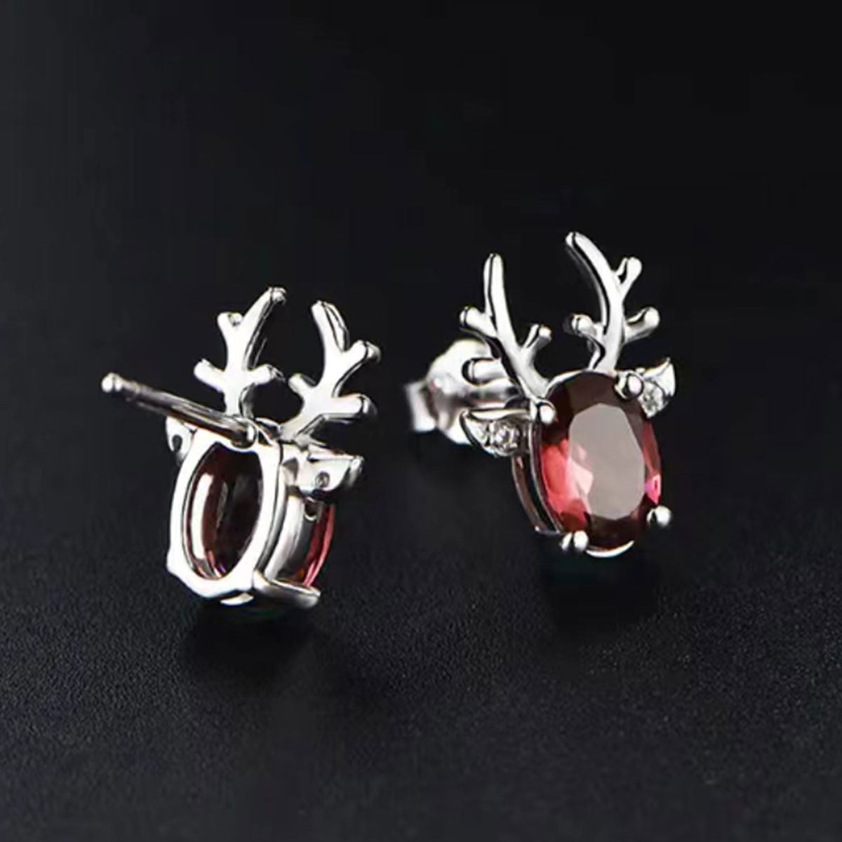 White Gold Elk Shape Ruby Gem Stud Earrings