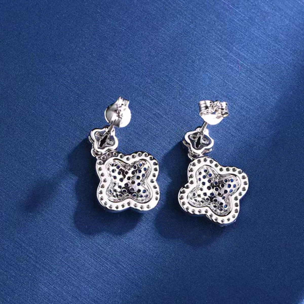 White Gold 4 Leaf Clover Shape Full Stones Drop Earrings