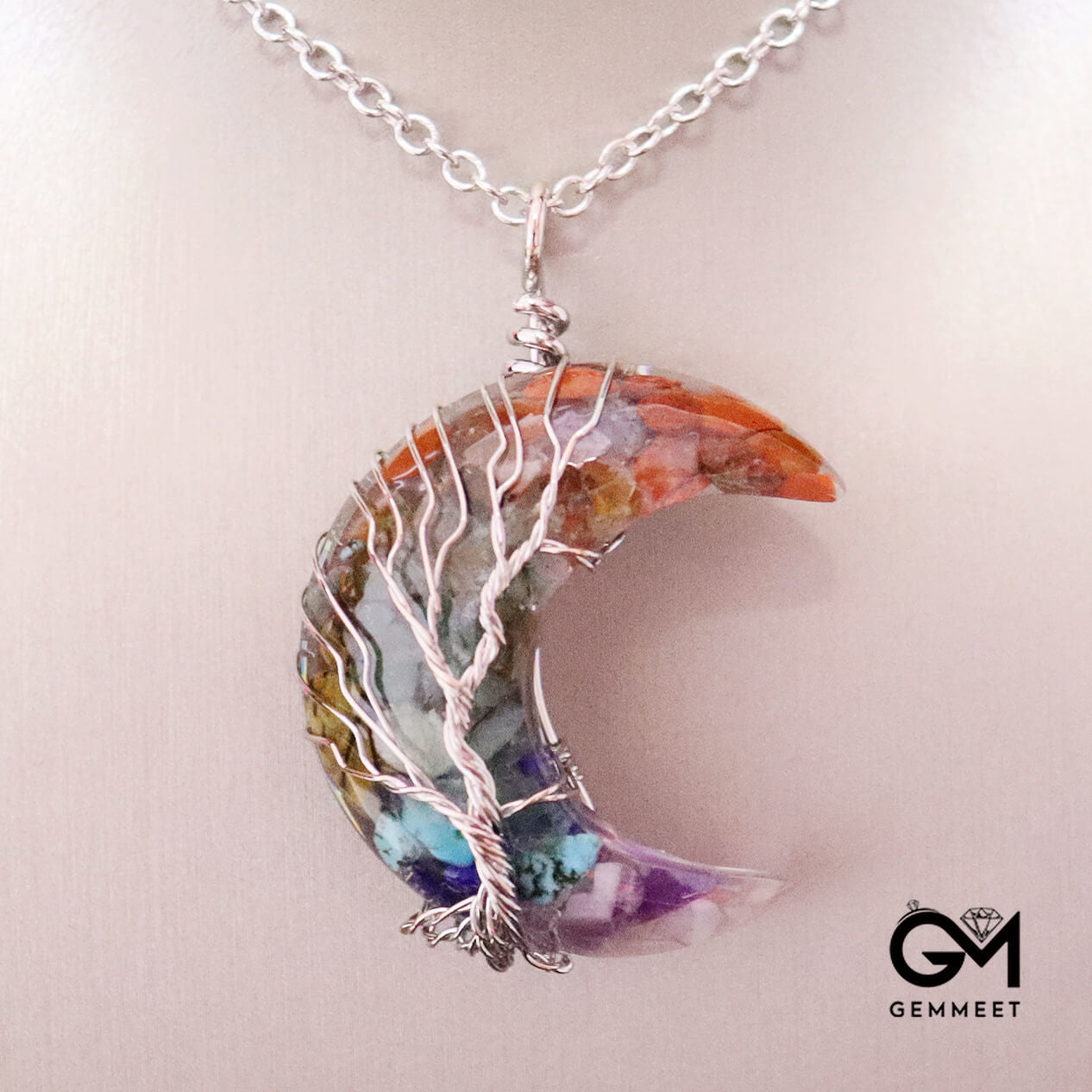 Colorful Crystal Moon Wrapped Tree of Life Necklace