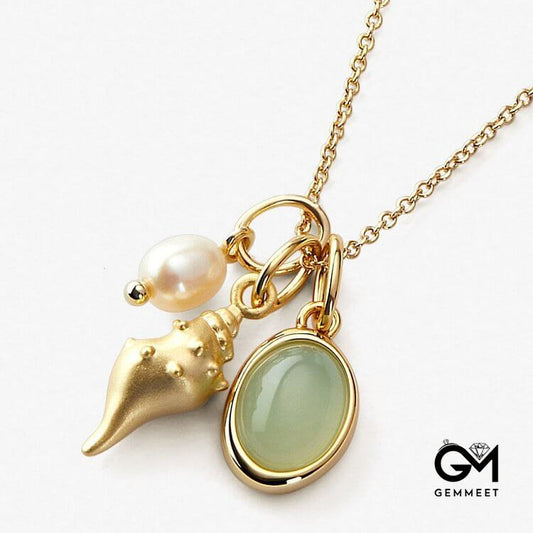 Freshwater Pearl Green Aventurine Conch Pendant Necklace