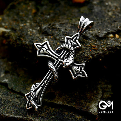 Stainless Steel Cross Snake Pendant