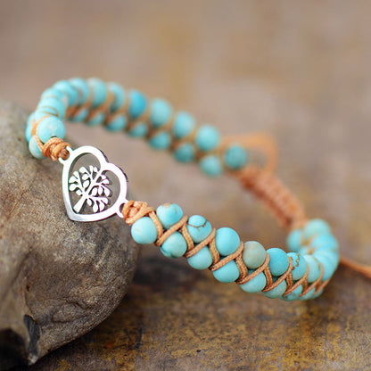 Turquoise And Peach Heart Tree Of Life Palms Hand-Woven Bracelet