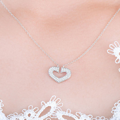 White Gold Hollow Heart Shape Full Stones Pendant Chain