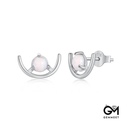 S925 Sterling Silver Round Opal Half-circle Crescent Earrings