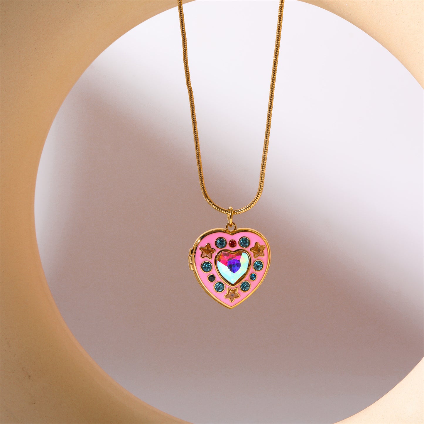 Cute Pink Heart Shape Star Totem Pendant Necklace