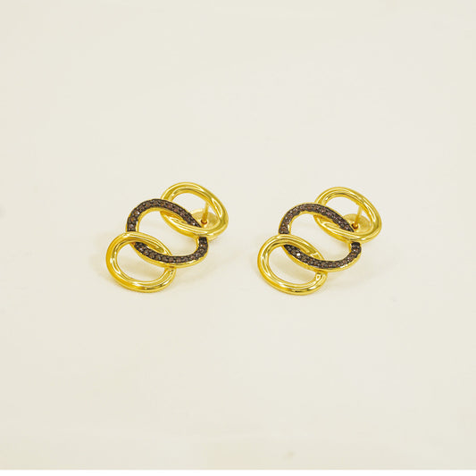 Gold Hammered Triple Brown Stones Hoop Earrings