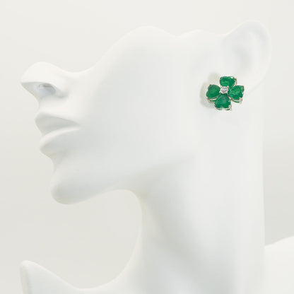 White Gold Four-leaf Clover Green Stones Stud Earrings