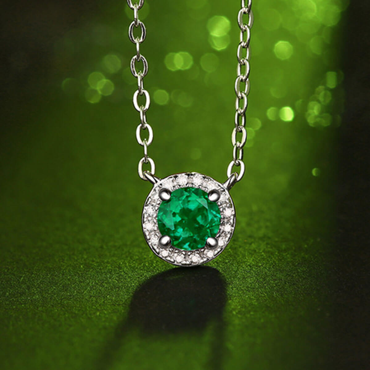 White Gold Halo Emerald Pendant Chain